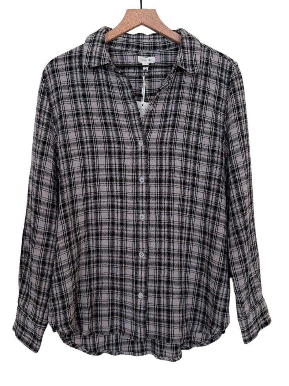 NWT Garnet Hill Gray Black Organic Cotton Plaid Long Sleeve Shirt